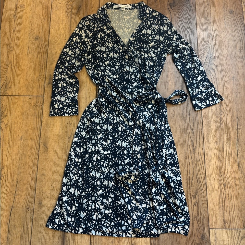 Diane Von Furstenberg Navy and White Printed Wrap Midi Dress